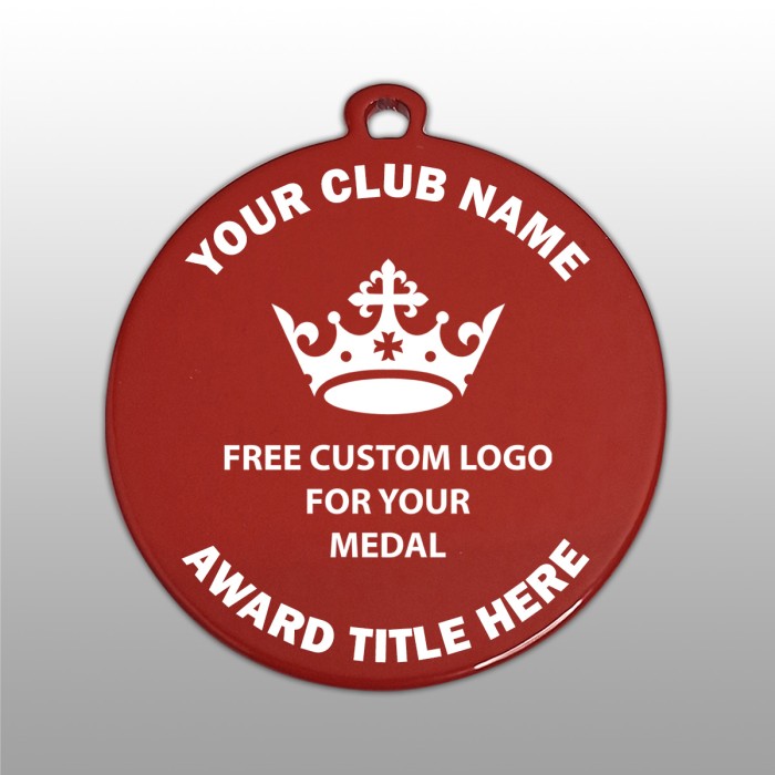 PACK OF 100 BULK BUY 50MM RED MEDALS / LOGO & RIBBON WITH DIRECT PRINT LOGO **AMAZING VALUE**